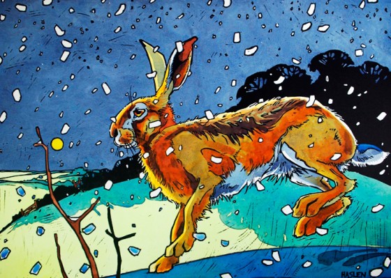 Winter Show Winter-Hare-11-Linocut-and-watercolour-by-Andrew-Haslen