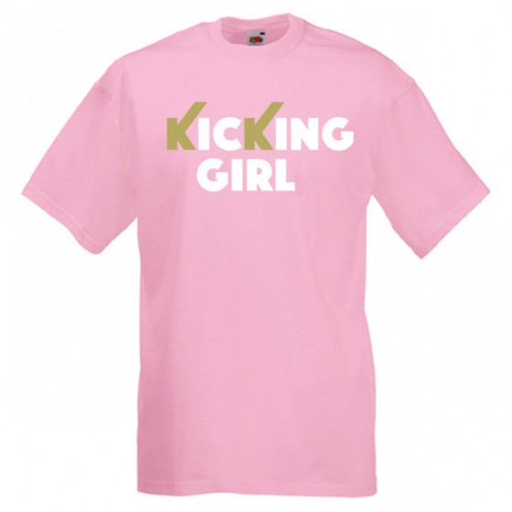 kicking girl 61G-white-and-gold-on-pink-Tshirts