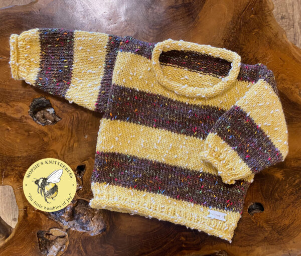 Our own Brimble Bee Jumpers and matching Brimble Bee Hats Buy NOW from MopsiesKnitterbees.co.uk #handknittedbabyjumper #babyjumper #babyhat #bumblebees #beejumper