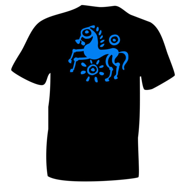 iceni Horse 2 TShirt Sky Blue Flock image on Black Cotton T-shirt