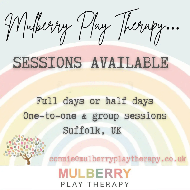 Mulberry Play Therapy have sessions available …
1-1 or group work, full days or half days in/around Suffolk UK.