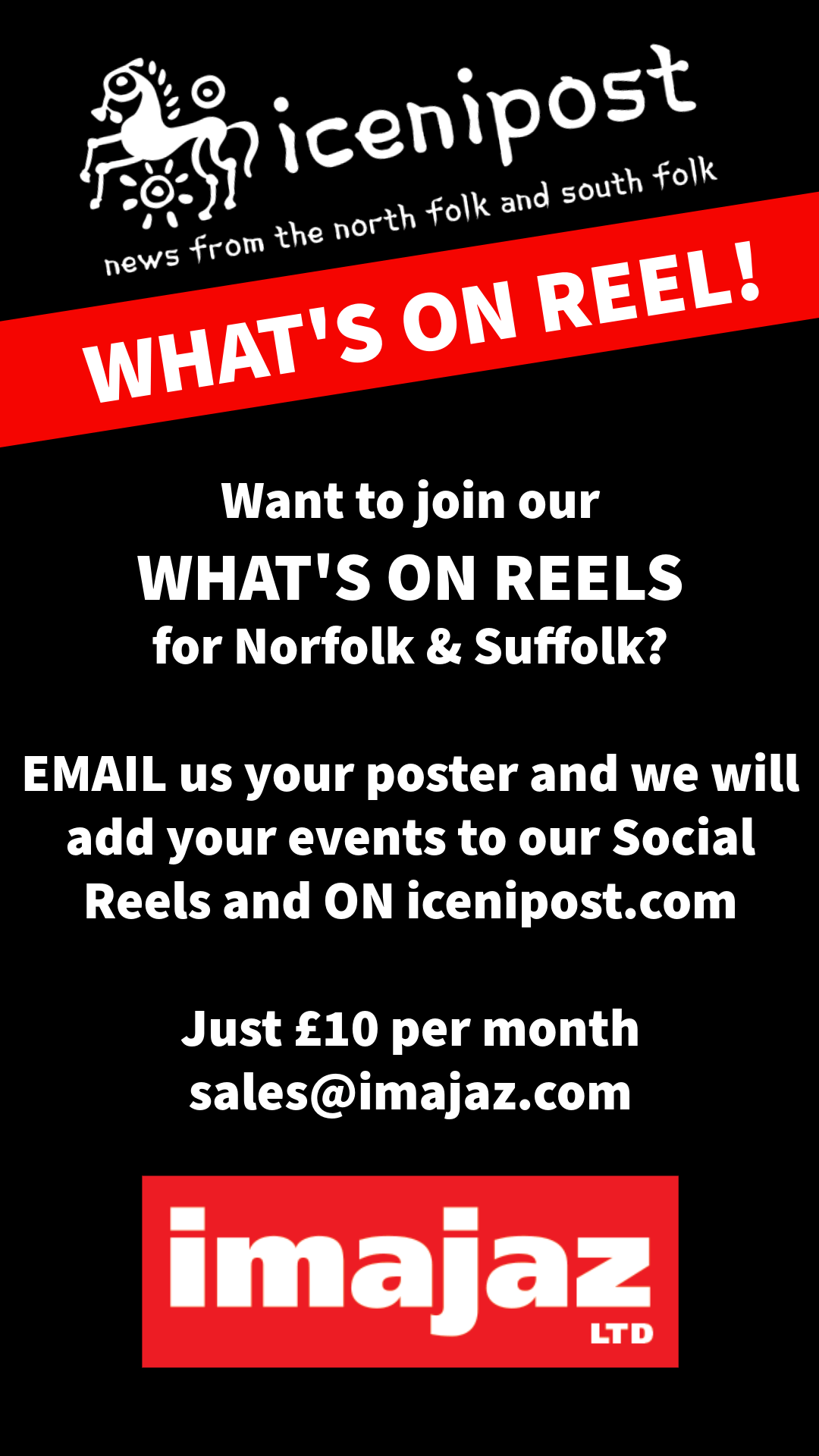 iceniPost WHAT'S ON REEL MAY 24Want to join our WHAT'S ON REELS for Norfolk & Suffolk? EMAIL us your poster and we will add your events to our Social Reels
